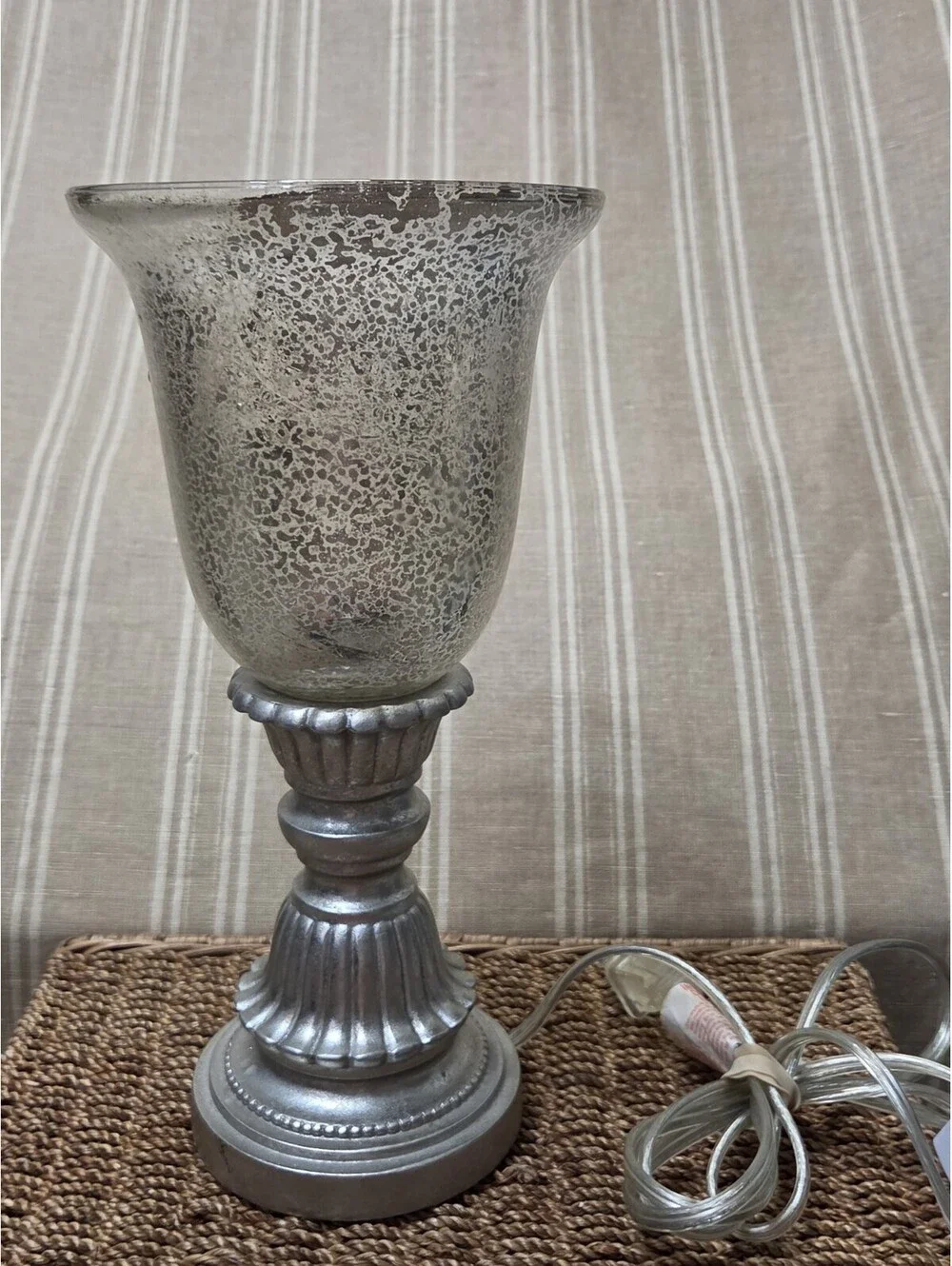 Vintage Mercury Glass Ornate Silver Base Hurricane Lamp 12x6